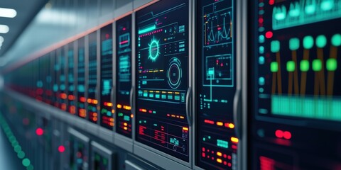 smart grid power optimization concept. Futuristic server room with glowing digital interfaces and data panels.