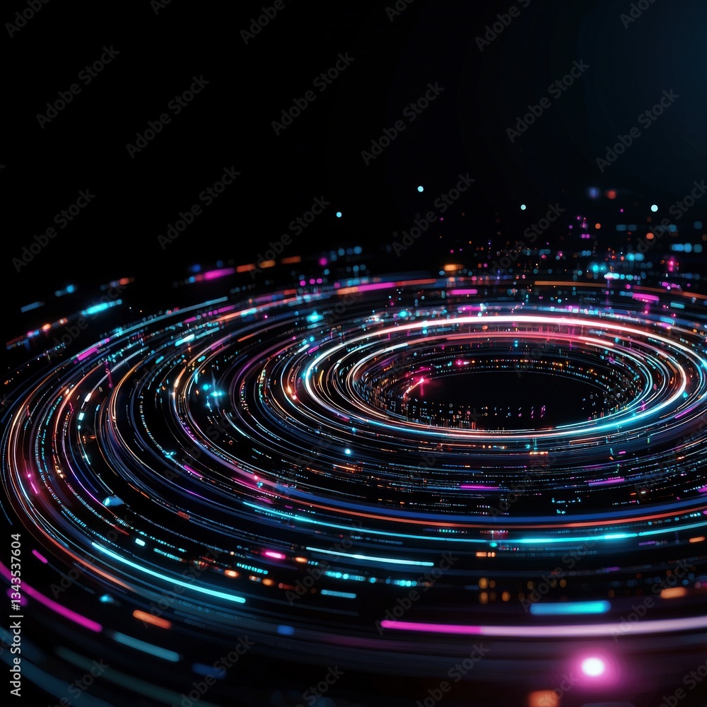Poster a glowing ring of data metrics floating in an infinite dark space.