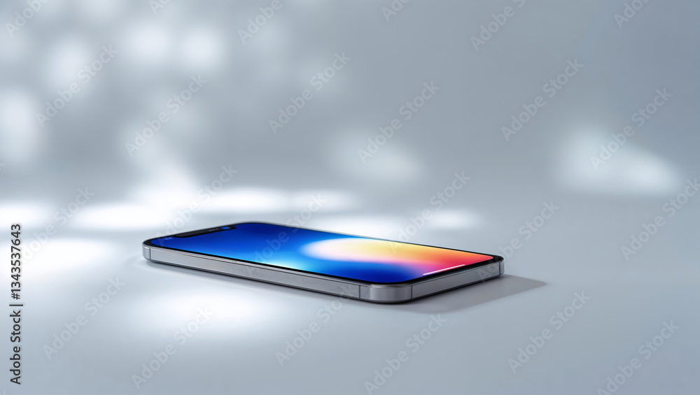 Poster modern smartphone with vibrant screen design rests on a minimalistic surface illuminated by soft nat