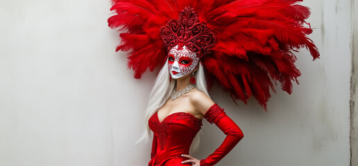 An elegant depiction of a woman adorned in a red masquerade mask with large red feathers crowning her head