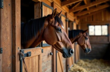 Fototapeta premium Chestnut horses in stable stalls with wooden doors and straw bedding