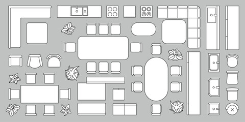 Furniture outline top view. Floor plan icons set for design interior and architectural project. Furniture thin line icon in top view for layout. © senja