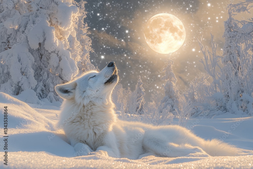 Aufkleber white wolf enjoys moonlit night in snowy forest while softly howling under bright full moon
