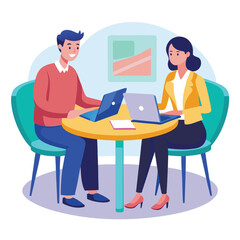 Partners meeting for business discussion with documents and laptop on desk. Couple at round table, speaking, discussing work, partnership. Flat vector illustration isolated on white background