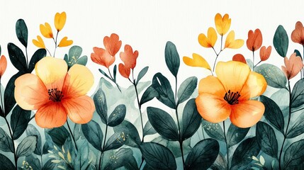 Watercolor painted flowers and leaves in a floral botanical display