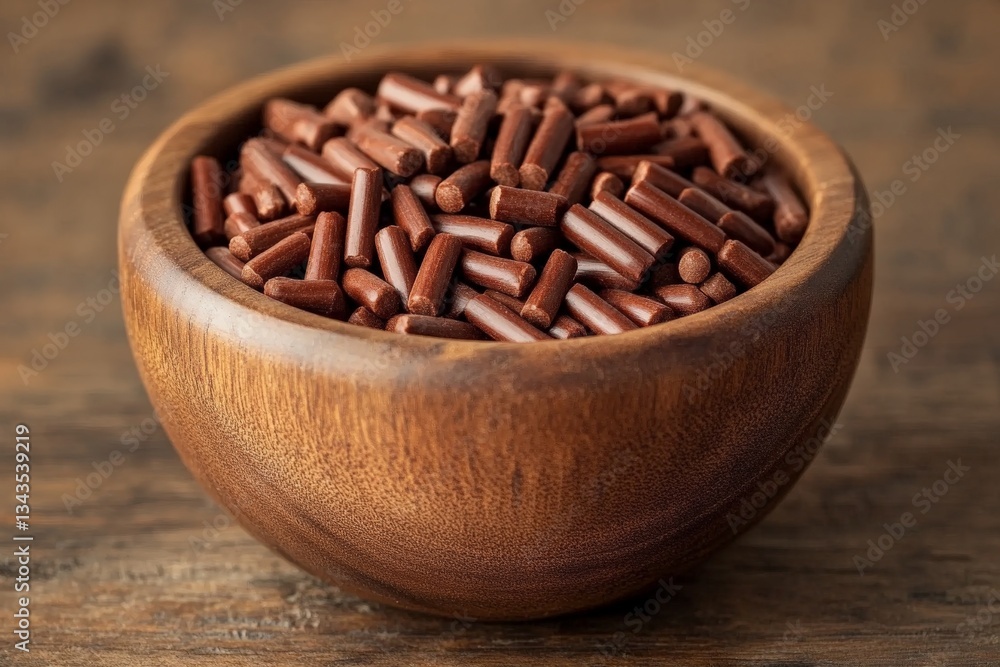Poster chocolate sprinkles in a wooden bowl displayed on a rustic table setting at a cozy kitchen