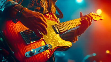 Obraz premium Talented musician enthusiastically playing guitar on stage lost in the rhythm under soft lighting creating an engaging and energetic atmosphere.