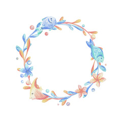 Sea corals, algae, flowers, fish, bubbles. Watercolor illustration hand drawn in coral, turquoise and blue colors. Round frame wreath isolated from the background.