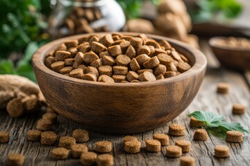 Obraz premium Bowl filled with dry pet food on a rustic wooden table surrounded by natural decor