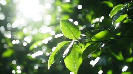 Glimmering Green Leaves with Raindrops and Sunlight Background