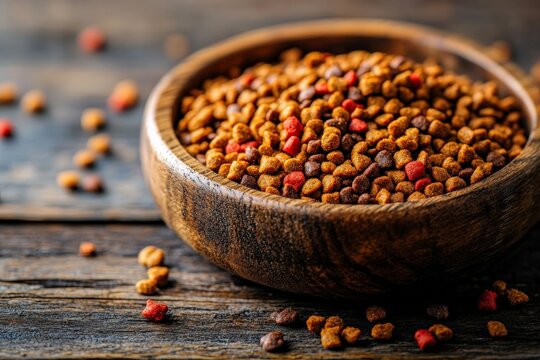 High quality pet food in wooden bowl on rustic table with scattered pellets