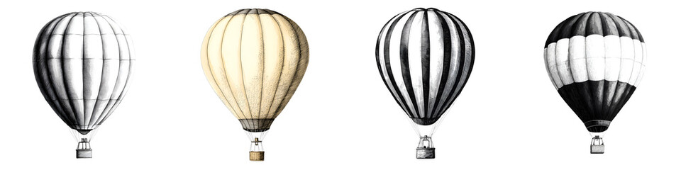 Obraz premium A collection of whimsical retro inspired hot air balloons in a variety of striped patterns and colors soar gracefully through the clouds evoking a sense of nostalgia