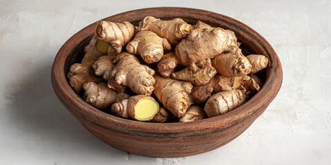 Fototapeta premium A terracotta bowl brimming with fresh ginger roots.