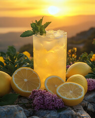 Iced lemon drink at sunset