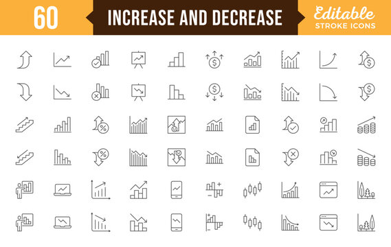 Increase and Decrease line Editable Icons set. Graph, Diagram, business growth, finance, economy, statistics, summary, profit, pictogram, fall, arrow up, down