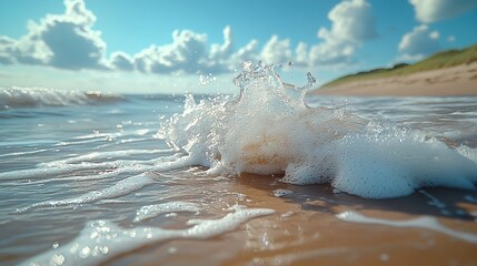 Close-up of a clear water wave splashing on the beach on a sunny day, with a blue sky, turquoise sea, and white sand in the background. A summer vacation concept.