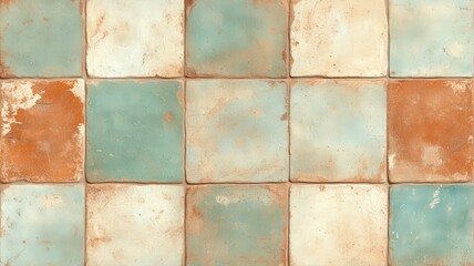 Fototapeta premium Rustic Textured Square Tiles in Muted Green Beige and Orange Tones
