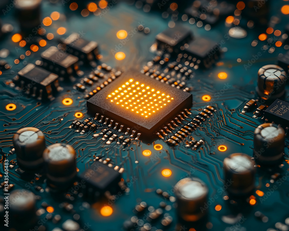 Poster illuminated microchip on circuit board, glowing components