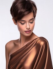 Naklejka premium studio portrait of a brunette woman with short hair looking down wearing a low cut brown silk top with nude shoulders on a white background, fashion photography 