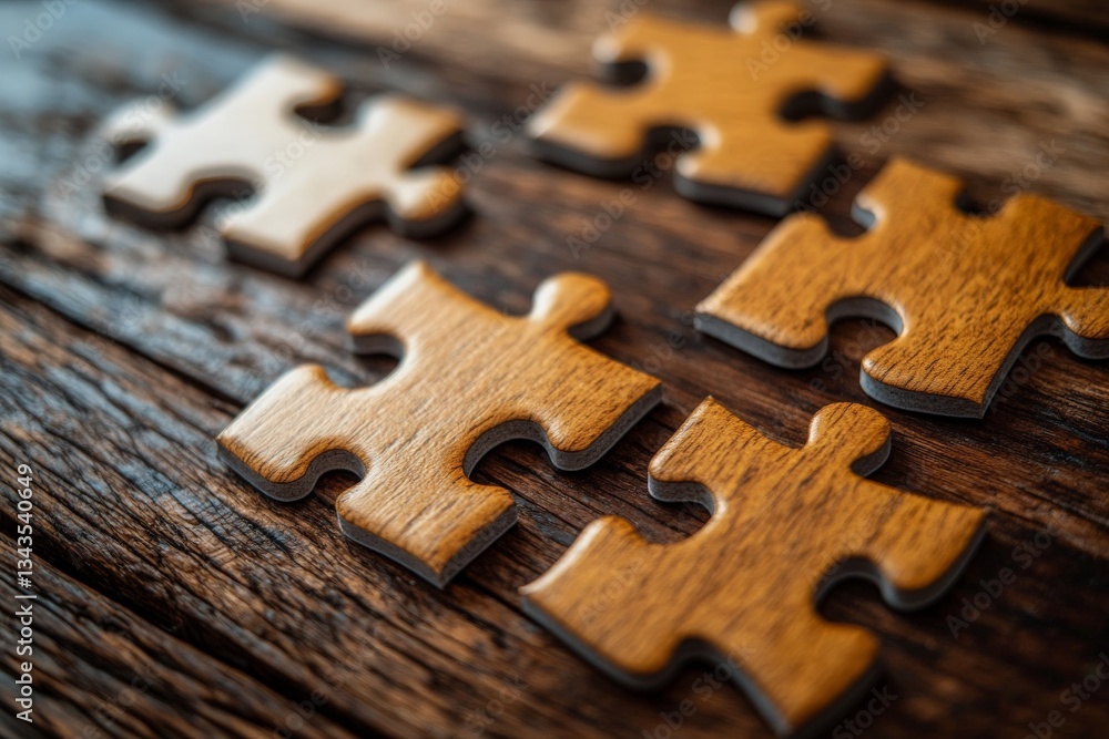 Poster wooden puzzle pieces scattered on a rustic wooden surface showcasing intricate craftsmanship at an i