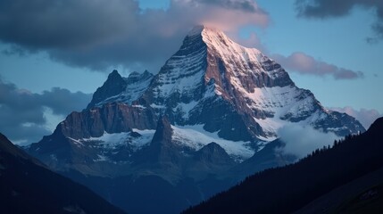 Eiger Mountain in Switzerland at night under cloudy skies, seen from an ordinary perspective. Dark clouds shroud the peak, with faint moonlight casting a moody glow on the rugged slopes.