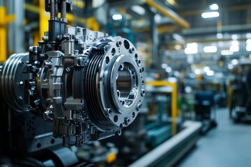 Industrial photography of modern metal engine components with blurred background of machinery parts