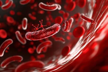 Virus Infected Red Blood Cell Stream in Blood Vessel of Human Body Medical Research Illustration