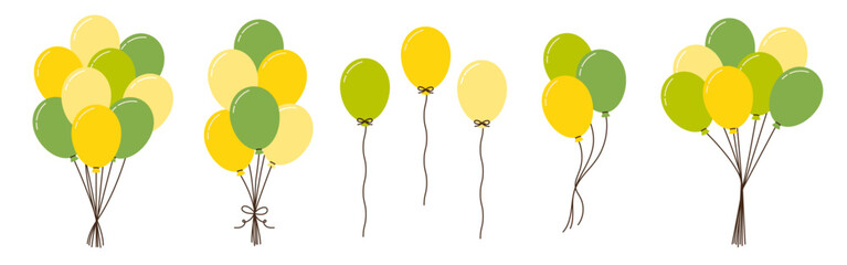 Set of monochrome green helium air balloons bunch flying up on strings in minimalistic style © HelenArt