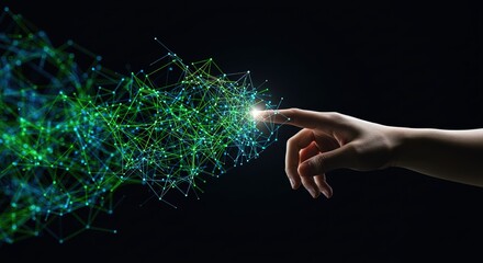 A hand touching a glowing green and blue network of interconnected points on a black background