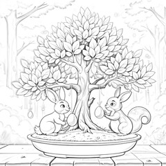 Easter Illustration: Two Rabbits, Squirrel, and Objects Under a Green Tree. A black and white illustration of two rabbits and a squirrel under a tree.