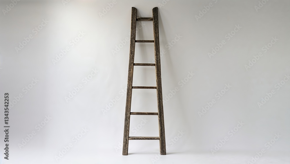Poster tall wooden ladder stands against a plain white wall in a minimalist setting emphasizing simplicity 
