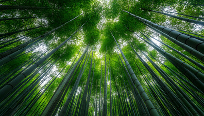 Lush green bamboo forest viewed from below, sunlight filtering through the tall stalks