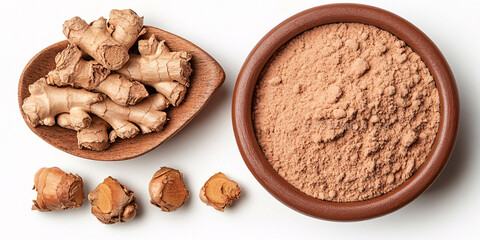 Close-up view of fresh ginger root and its ground powder,
