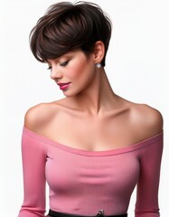 Fototapeta premium studio portrait of a brunette woman with short hair looking down wearing a low cut pink top with nude shoulders on a white background, fashion photography 