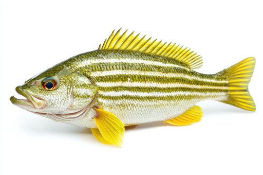 Yellow Tail Snapper. Raw Fish Isolated on White Background with Fresh Green Stripes