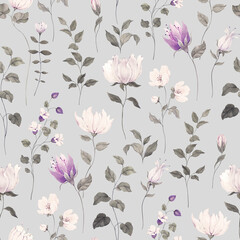 Vintage pattern with abstract flowers and plants, watercolor seamless print on grey background for wallpapers, fabric or textile in interior. Hand drawn floral design.