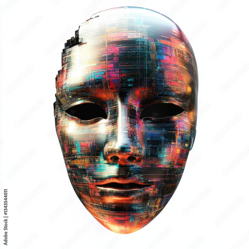 Poster cracked metallic mask with digital circuit patterns.