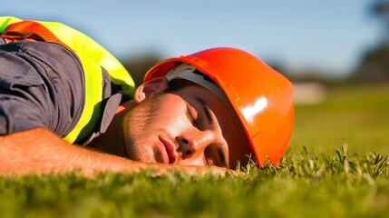 Construction Worker Resting on Grass After Overexertion During Outdoor Duty on Warm Day Light Exposure