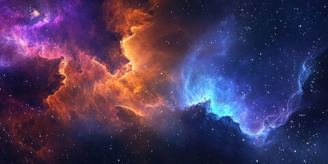 Fototapeta premium A cosmic 3D background depicting an immense galactic nebula swirling with vibrant hues of deep purple, electric blue, and fiery orange. The countless stars scattered throughout the expanse create a