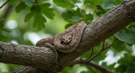Obraz premium A camouflaged snake resting on a tree branch amidst lush green foliage, blending into nature - texas rat snake images