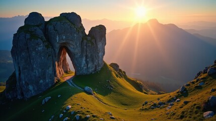 Aerial view of Creux du Van at dawn, revealing its vast curved cliffs and verdant landscape under golden sunlight. A stunning Swiss landmark in high-resolution photography.