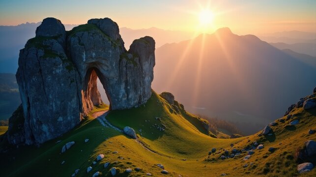 Aerial view of Creux du Van at dawn, revealing its vast curved cliffs and verdant landscape under golden sunlight. A stunning Swiss landmark in high-resolution photography.