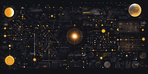 Abstract technological pattern featuring golden accents and geometric shapes