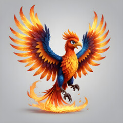 Fototapeta premium Majestic phoenix rising with spread wings and fiery tail on gray background
