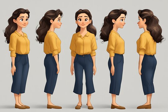 Character design sheet showing different angles of young woman