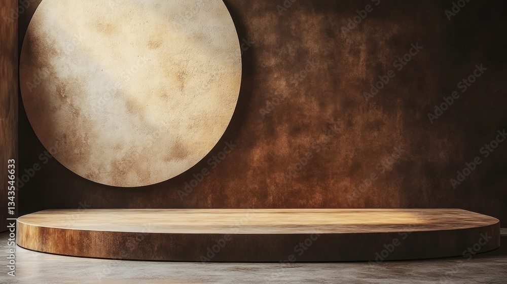 Poster A spacious platform rests against a textured wall, creating a warm and inviting atmosphere. The round shape above enhances the artistic vibe, perfect for galleries or events