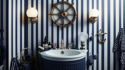 A nautical-style bathroom with deep navy and white striped walls