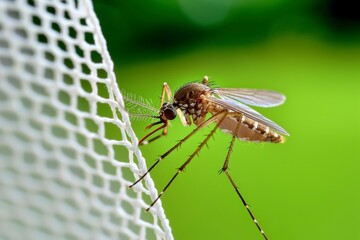 Mosquito on a Netting Surface Outdoors Close Up View with Green Backdrop and Natural Lighting