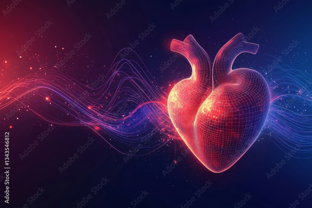 Poster 3d heart with sound waves anatomical workflow graphic on blue background illuminated by red light