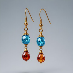 Gold earrings with blue and orange crystals hanging on gray background